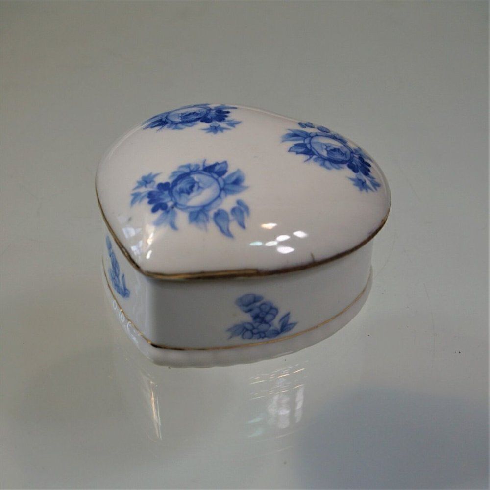 Blue Flower Trinket Box Vintage SRG Japan Lidded Gold Trim Heart Shape Keepsake